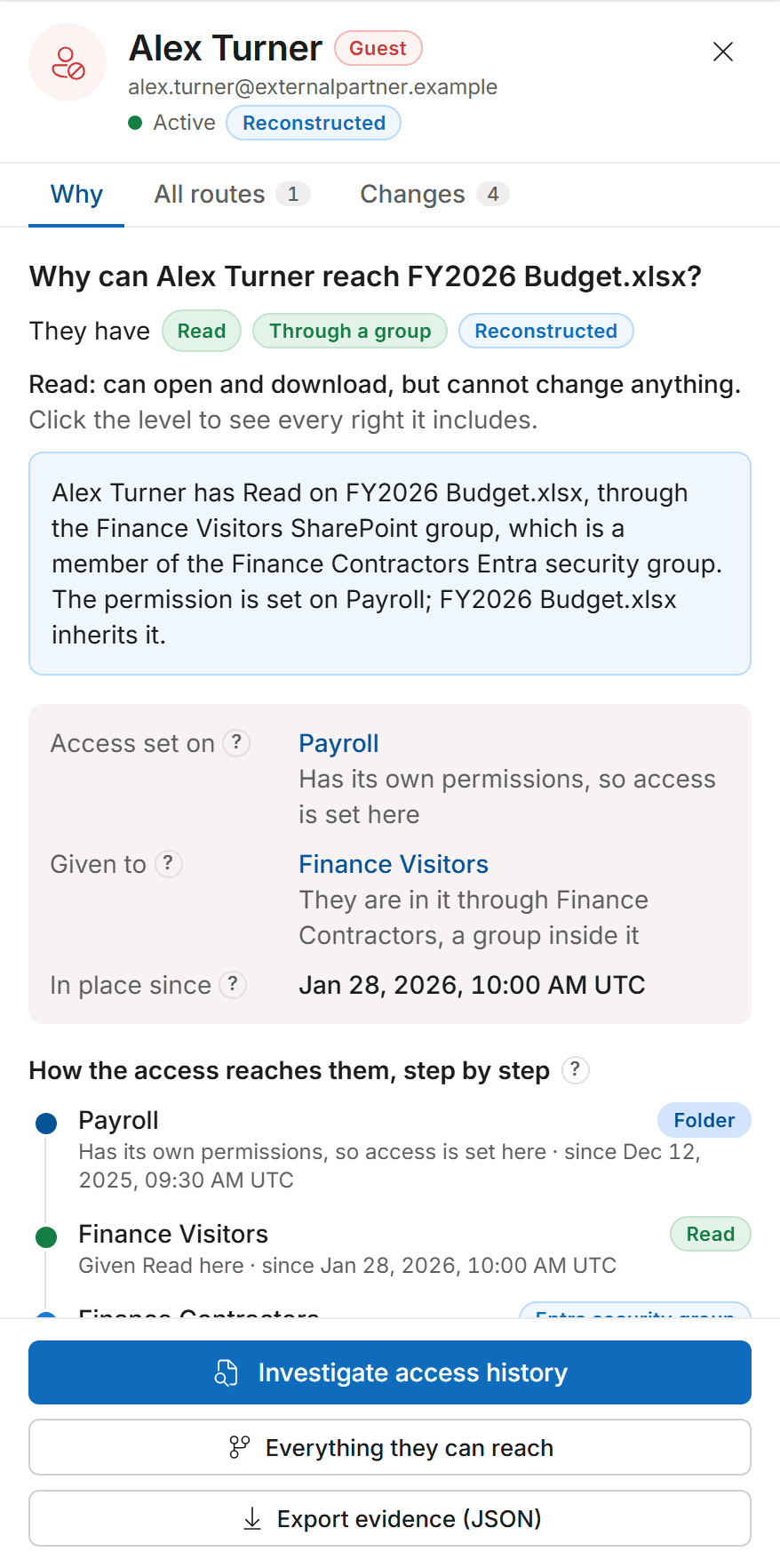 Inspector panel for Alex Turner, B2B guest: what they can do here (Read, through a group), why they have it, and how the access reaches them: Payroll, Finance Visitors, Finance Contractors, Alex Turner.