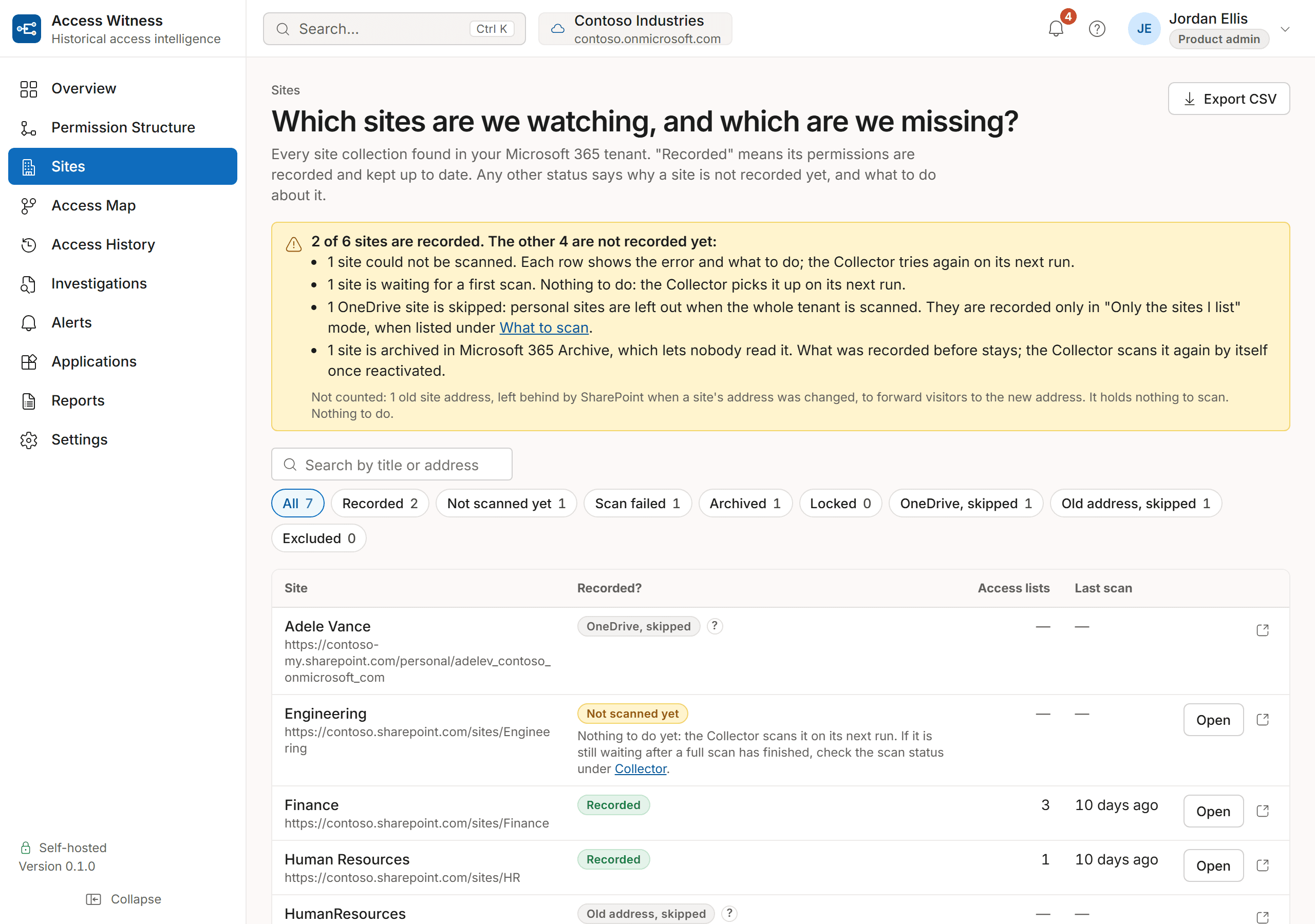 The Sites page: a notice that 2 of 6 sites are recorded, with the reason for each of the others, filter chips for every state, and the first sites listed with their state.